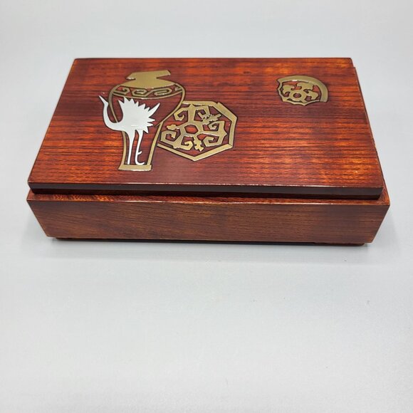 Vintage Asian Decorative Wooden Trinket Box Metal Inlays with Lid - Picture 14 of 16